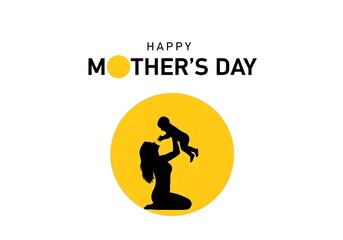 Fototapeta premium Happy Mother’s Day Silhouette of Mother Lifting Child in Yellow Circle Minimal Greeting Poster Design