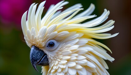 Fototapeta premium The image features a close up of a bird with vibrant, pale yellow plumage and a striking crest of elongated feathers that radiate outward from its head