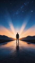 Fototapeta premium Silhouette of a person standing on a reflective road at sunset with starry sky and radiant light beams