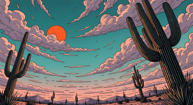 Retro desert landscape illustration, vintage saguaro cactus sunset scene, stylized comic book art of arid wilderness with orange sun and pink clouds