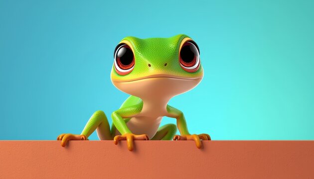 Cute 3D cartoon lizard with shiny texture and big eyes climbing on a wall, vibrant blue background