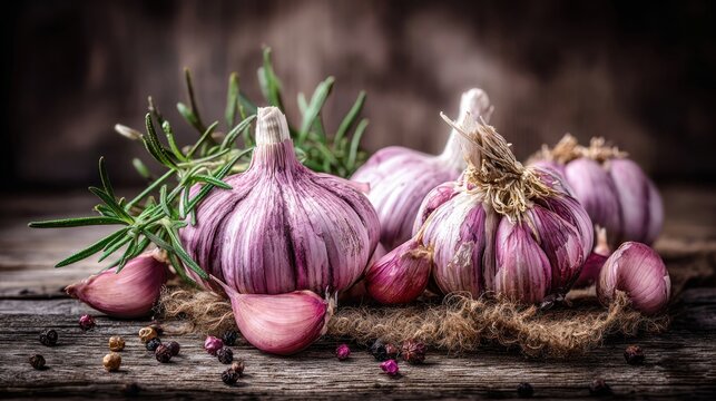 Fresh purple garlic bulbs and cloves rest upon rustic wood beside herbs and spices