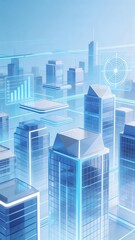 Naklejka premium Futuristic cityscape with glowing skyscrapers and digital overlays