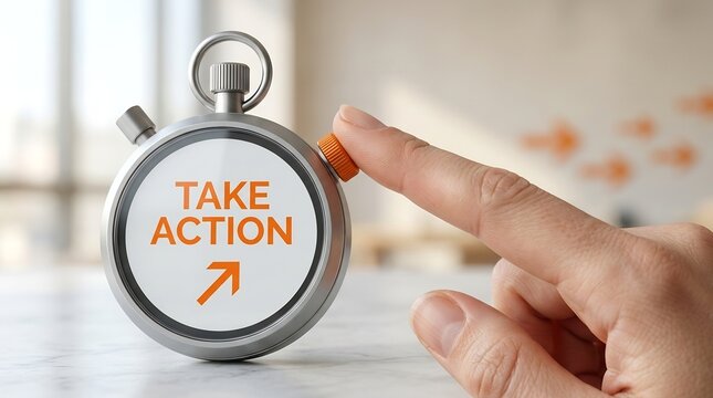 Conceptual motivational image of a hand pressing a stopwatch to encourage taking action.