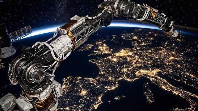 View of nighttime city lights in Europe from orbit, heavily framed by the complex mechanical joints of a large robotic manipulator arm.