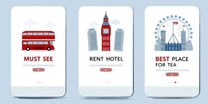 London attractions illustrated on smartphone screen mockups for travel apps