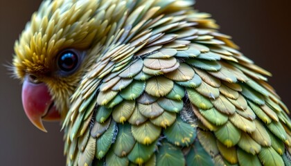 Obraz premium The image features a close up view of a colorful bird with intricate feather details. The feathers are layered, resembling small, overlapping scales with shades of green, yellow, and hints of blue