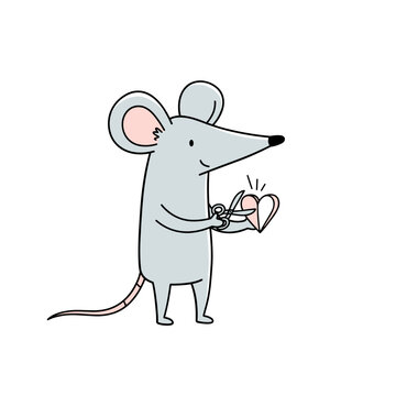 Cartoon mouse holding scissors and cutting paper heart  