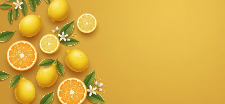 Limoni freschi interi e a fette con foglie e fiori su sfondo giallo. Generative AI 