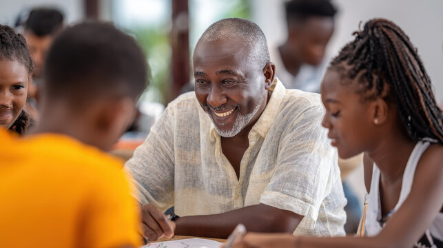 Smiling African teacher engaging with students in a classroom setting. An older African man with a warm smile interacts with young students during a lesson in a bright classroom environment