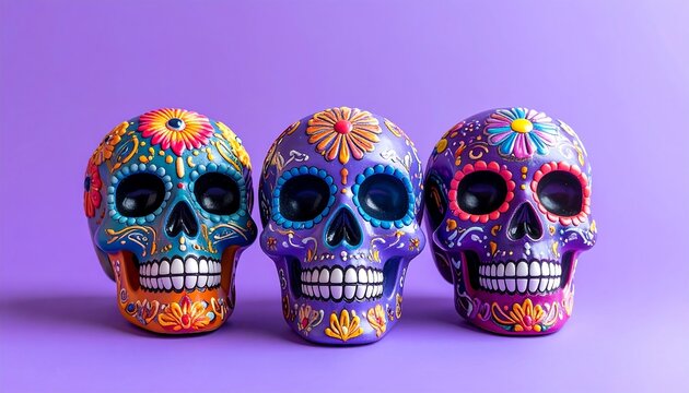 Three colorful sugar skulls on a purple background.