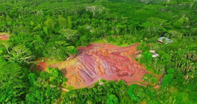 Aerial view of seven coloured earths on island Mauritius. Tourist attraction on island Mauritius