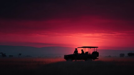 Fototapeta premium Silhouettes of safari vehicle and people against a vibrant African sunset sky. Two figures stand beside a safari jeep as the sun dips below horizon, painting the sky in fiery hues of red and orange