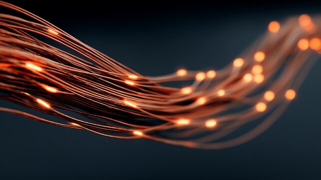 Abstract orange glowing fiber optic cables flowing in a dark space representing data