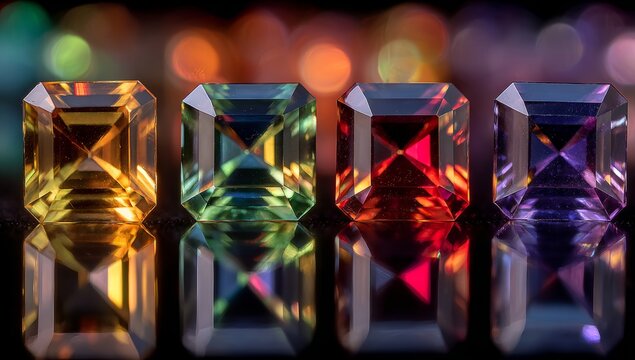 The image shows four raw gemstones on a dark background, interspersed with scattered dark particles, forming a nature‑inspired mineral scene