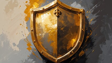 Fototapeta premium Weathered golden shield in oil painting style as a trusted security, protection, and defense concept on textured background