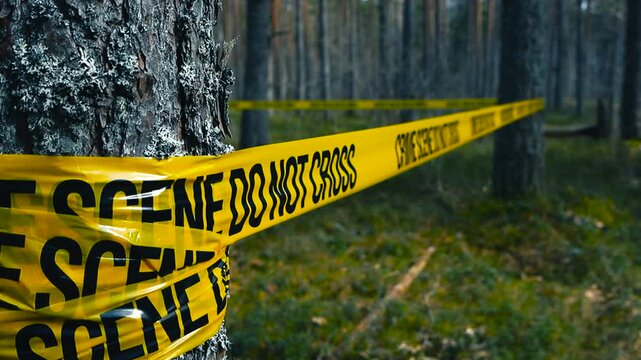 Crime scene do not cross tape in a pine forest