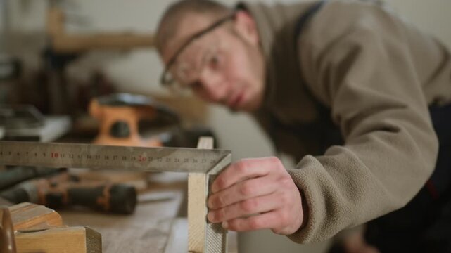 A skilled carpenter measures wood with a square in his workshop. He focuses on precision and craftsmanship for the project.