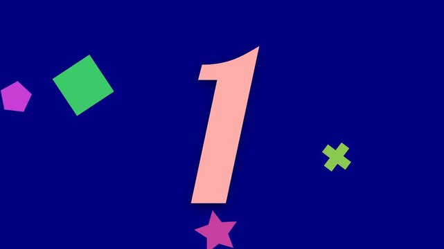 Animated colorful countdown timer from five to one with playful geometric shapes on blue
