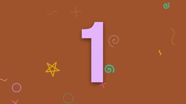 Animated colorful countdown timer from five to one with playful doodles on brown background