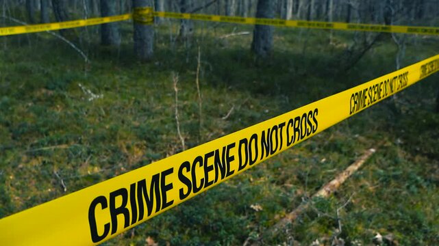 Yellow police tape sealing off crime scene in forest
