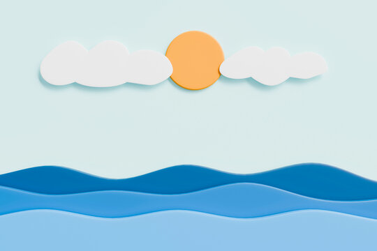 Minimal Paper Cut Style Ocean Waves with Sun and Clouds Background