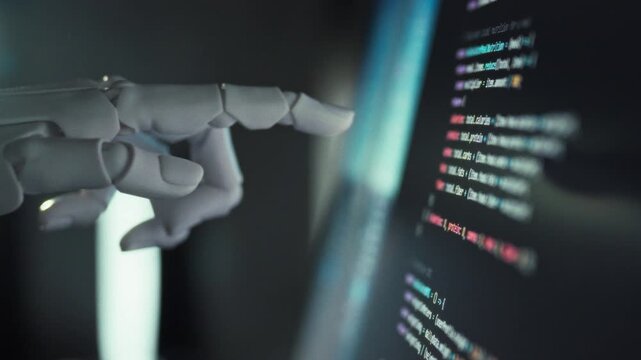 Humanoid robot's inanimate hand, resembling prosthesis, moves precision to write code futuristic screen. its robotic arm, it symbolizes automation programming through advanced artificial intelligence
