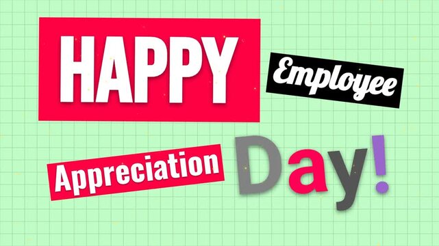 Animated collage text celebrating Employee Appreciation Day on a green grid background.