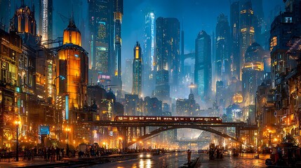 Fototapeta premium Cinematic cityscape at dusk with tall skyscrapers and a train crossing a bridge over wet