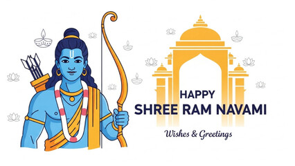 Hindu deity Rama stands proudly with bow and arrow near temple © Stock Image Paradise