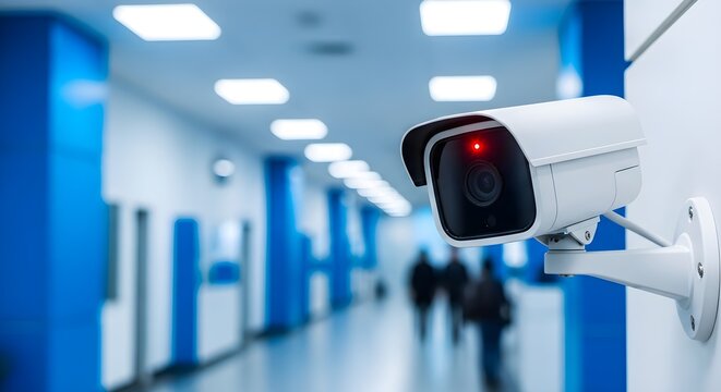 Security camera in a hospital corridor with blue accents