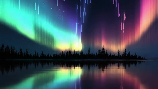A night scene shows a vivid aurora with blue, green, and pink ribbons over a dark forest; a calm lake reflects the colorful lights, creating a dreamy, mirrored panorama