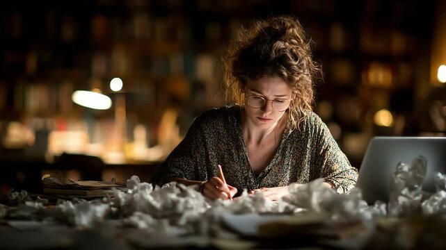 A focused woman with wavy hair and glasses writes at a cluttered desk in a dim study; crumpled papers surround a glowing laptop while warm library light softens the background