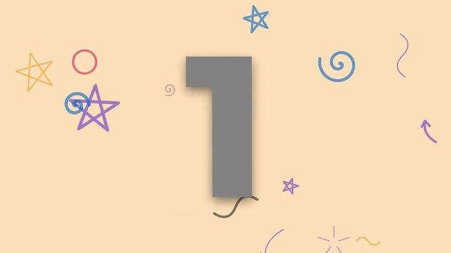 An animated colorful countdown timer from five to one on a doodle background