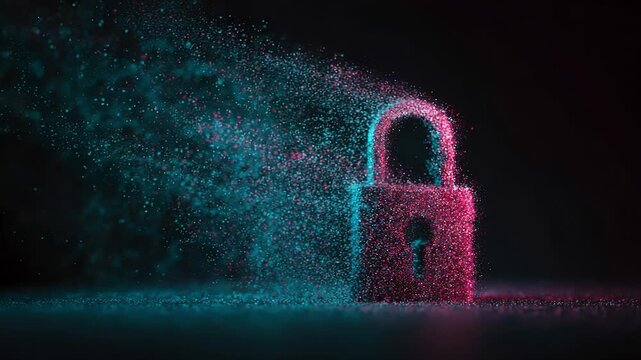 A luminous padlock made of pink particles sits on a dark surface, while trails of blue specks sweep from the left, forming a futuristic security motif of light, motion, and protection
