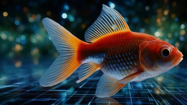 A Captivating Goldfish Swimming Through a Digital World, Highlighting Its Vibrant Colors and Intricate Fins Against a Futuristic Background of Blurred Lights