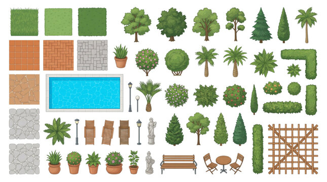 Isometric Garden and Landscape Design Elements Trees, shrubs, plants, pool, paving, and outdoor furniture assets for architectural planning projects