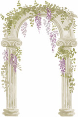 Fototapeta premium Elegant stone archway adorned with lush green vines and wisteria flowers