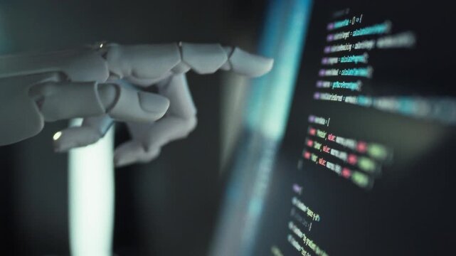 Humanoid robot efficiently performs coding tasks under guidance advanced software artificial intelligence. Demonstrating cutting-edge programming automation, it accelerates coding process precision