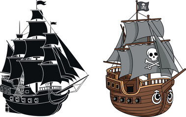 Pirate ships set with black silhouette and cartoon wooden sailing vessel skull flag nautical adventure vector illustration isolated design © Honey!