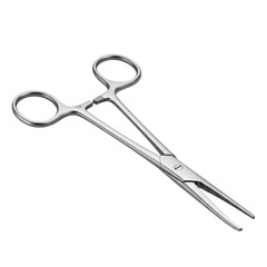 Obraz premium A single, polished stainless steel surgical hemostat, 3/4 perspective, with circular rings, ratcheted lock, serrated jaws, subtle highlights, on a transparent background, clinical precision concept