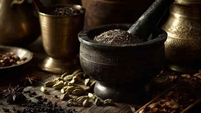 Rustic mortar with pestle grinding cumin amid cardamom, star anise and pepper on worn wooden table, brass vessels blurred in background, warm side light and rich textures, concept of culinary heritage