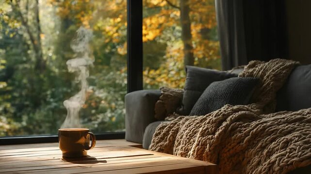 Cozy interior: a steaming mug rests on a warm wooden table beside a plush gray sofa, layered with chunky knit blankets and cushions as autumn light pours through a large window onto golden foliage