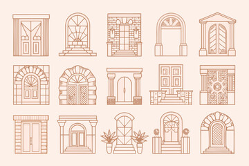 Fototapeta premium Collection of diverse architectural door and archway line drawings