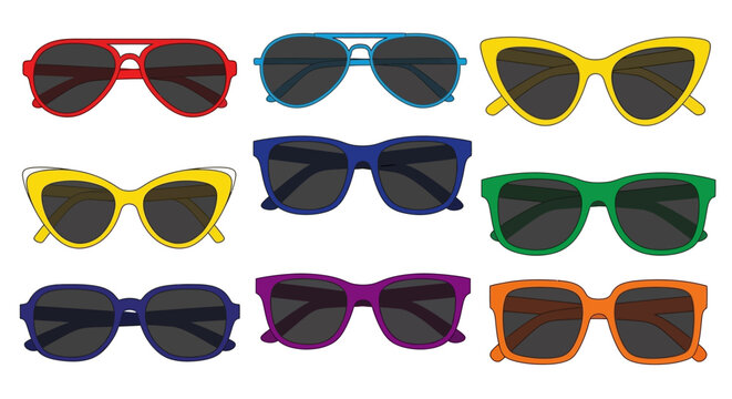 Colorful vector illustration of nine trendy sunglasses designs