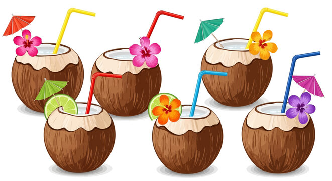 Colorful coconut drinks with umbrellas and straws illustration