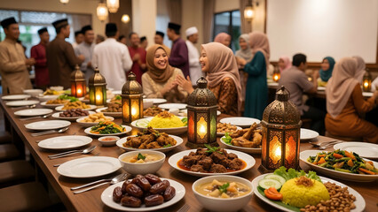 Fototapeta premium Joyful community gathering sharing a delicious traditional feast, creating heartwarming moments during a festive celebration around a beautifully set dining table