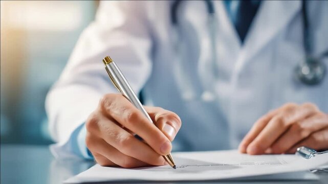 Close-up of a medical professional&rsquo;s hand writing on a document with a silver pen; a stethoscope rests around the neck, white coat blurred in the background, suggesting a clinical setting.