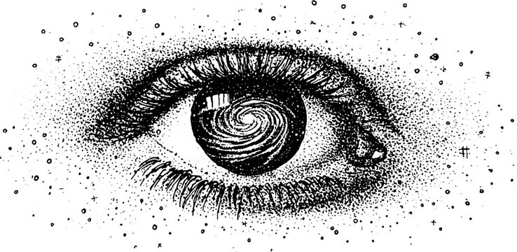 Mystical eye with swirling galaxy in halftone style for design and art projects