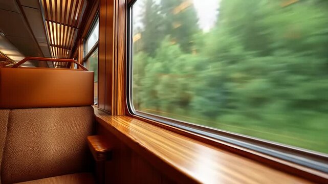 Inside a vintage train car with warm wooden panels and brown upholstered seats; a large window reveals a blurred green landscape rushing by, bathed in golden afternoon light